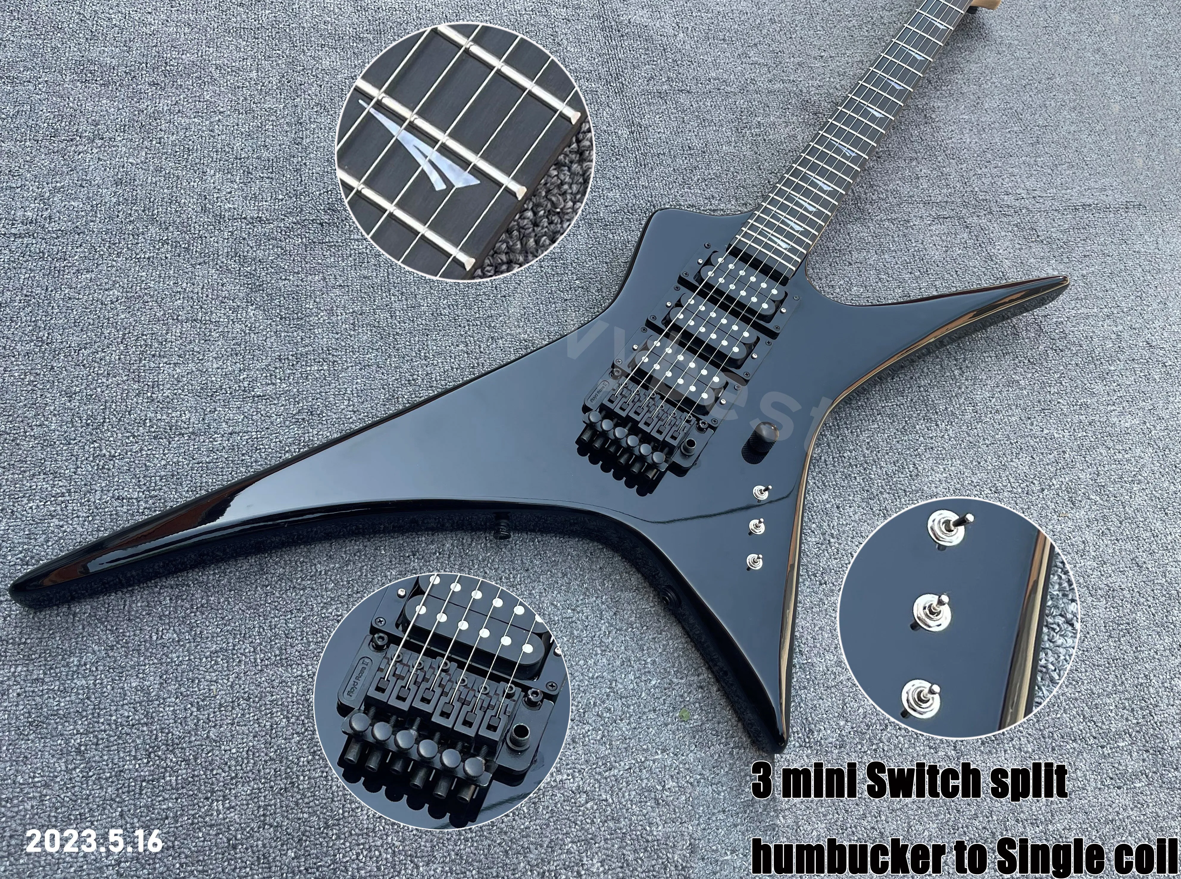 Gitara elektryczna Solidna czarna specjalna kształt ciała Czarne części z Floyd Rose Style Tremolo 3 Mini Switch Split Humbuckers to Singl