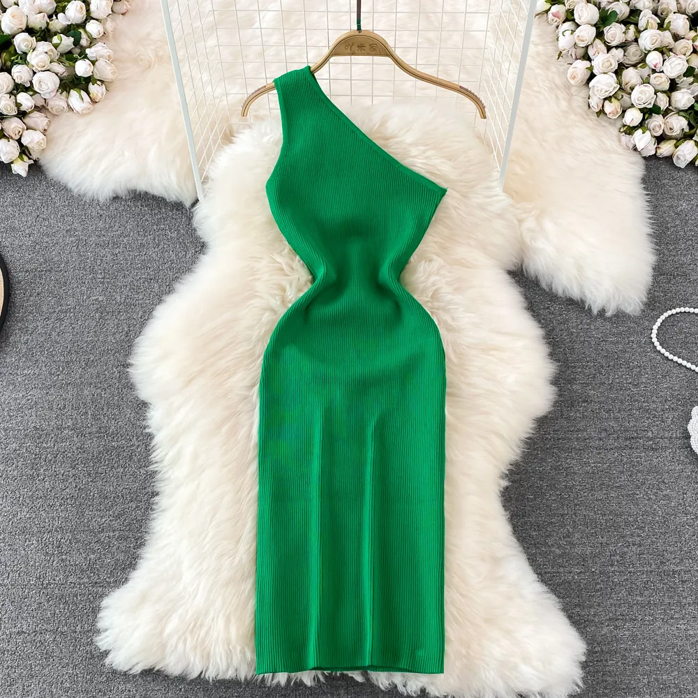 Casual Dresses Sexy One Shoulder Crochet Bodycon Dress Chic Knitted Elegant Midi Vestidos Fashion Party Club Dresses Slim Goth Women Sundress 230517