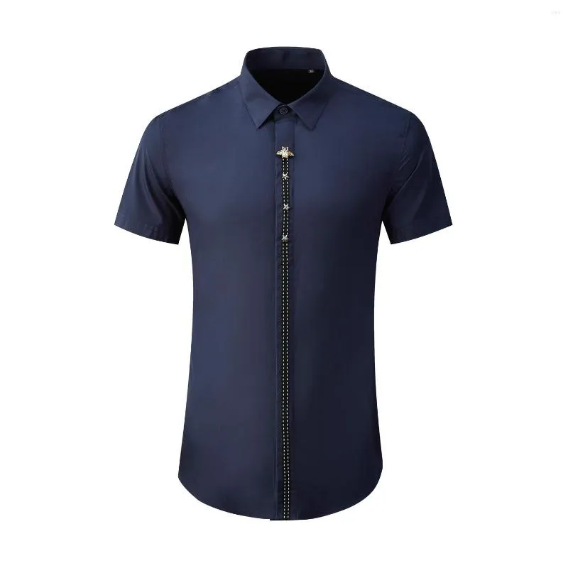 Casual shirts voor heren mode zomers zomer kort mouw decoratie lint parel met de hand gemaakte mannen jong met borsten plsu maat m-2xl3xl4xl