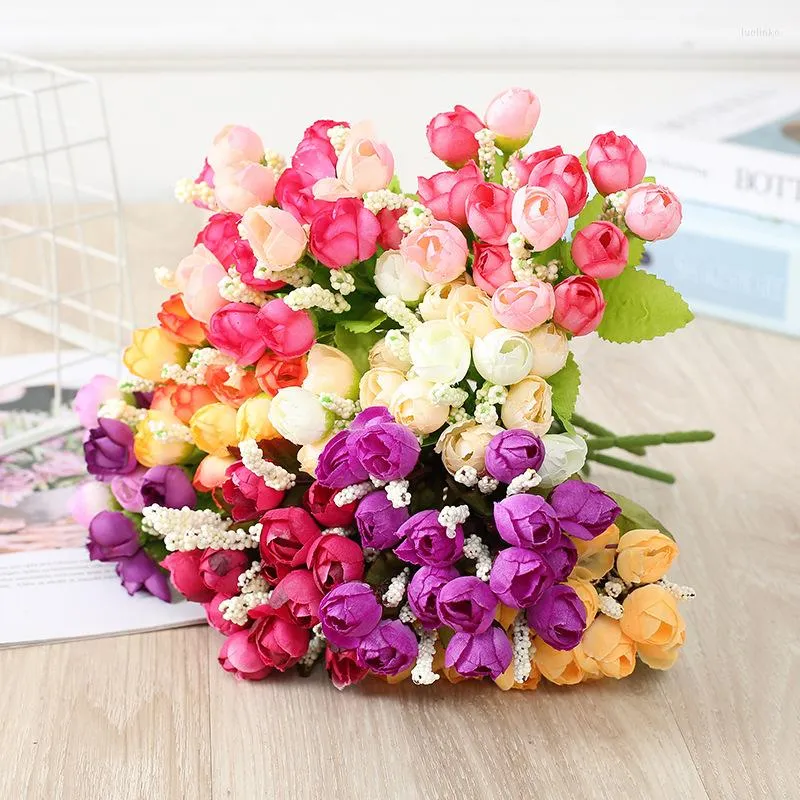 Decorative Flowers Mini Artificial Rose Bud Bouquet Silk Fake For Home Decor Wedding Decoration Craft Wreath Gift Accessories