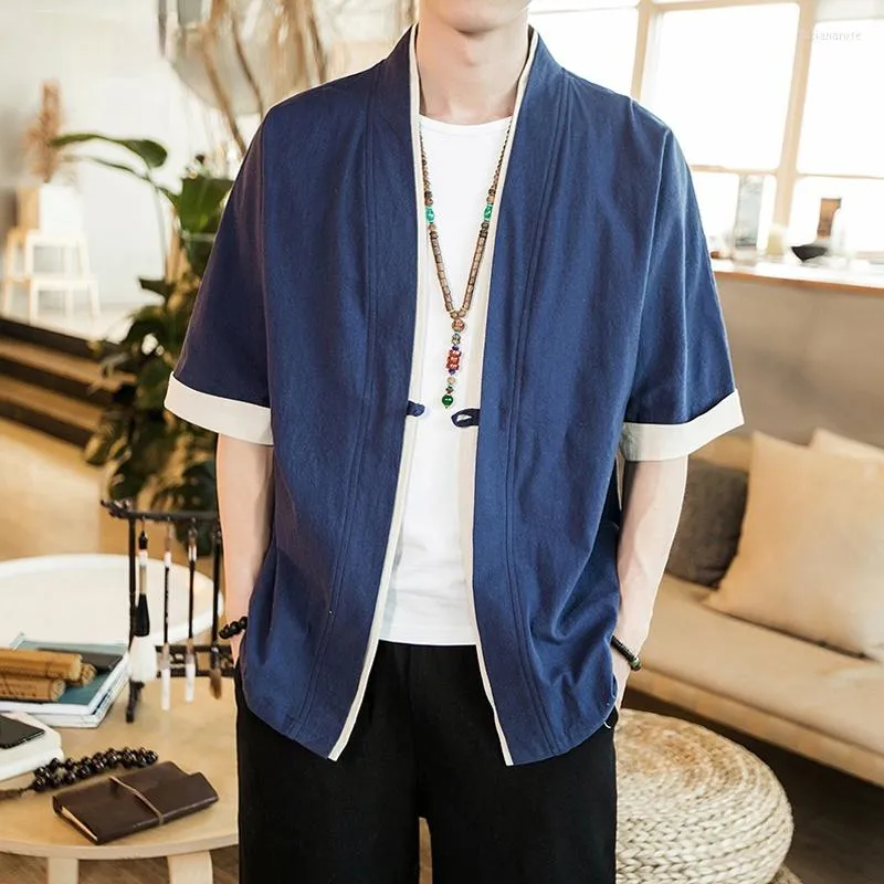 Jackets masculinos linho de verão Kimono Long Cardigan Outerwear Coats Fashion Streetwear Short Loose Masculino Casual sobretudo