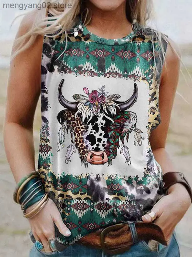 Damestanks Camis Aztec Geometrische gebleekte koe tank Top Women Vintage Western Mouwess T-shirt Leopard Vee Bloem Feather Feather Print Streetwear T230517