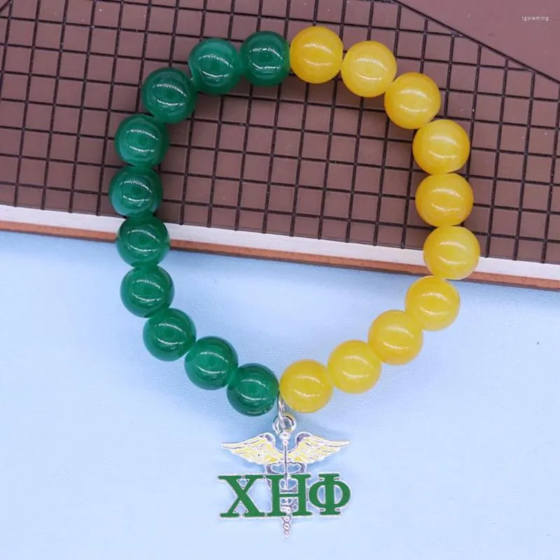 Strand Made Green Yellow Glass Beads Stretch Adjust Women Service Society Organization Greek Letters XHO Sign CHI ETA PHI Bracelets
