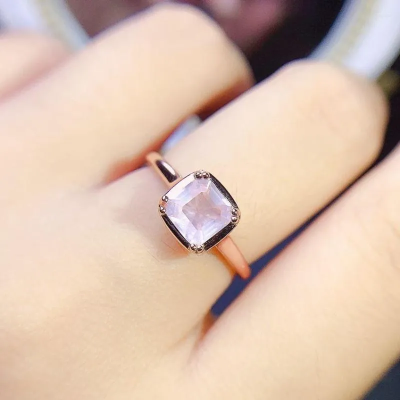 Кластерные кольца Rose Quartz Solitaire Ring 925 Серебряный серебряный квадрат.