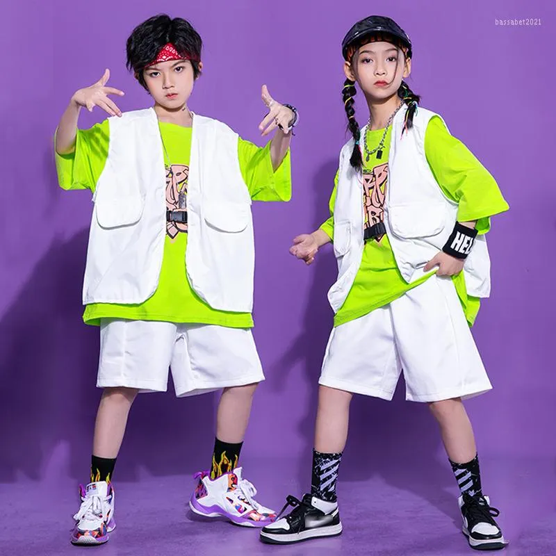 Scene Wear Boys Hip Hop Dance Costume White Vest Pants Green T Shirts Casual Street for Girls Drum Show Outfits Rave Clothes BL6623