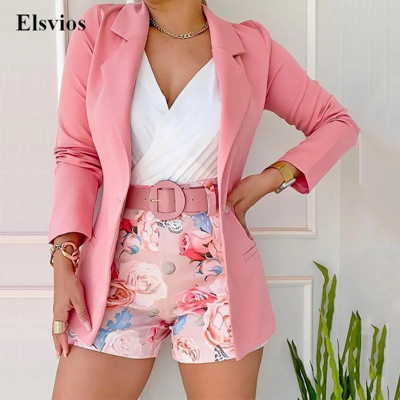 Calças de duas peças femininas Moda Mulheres de manga longa Roupa de blazer casual Lady Coat Tops e shorts de estampa floral Conjunto elegante de primavera verão 2pc 230517