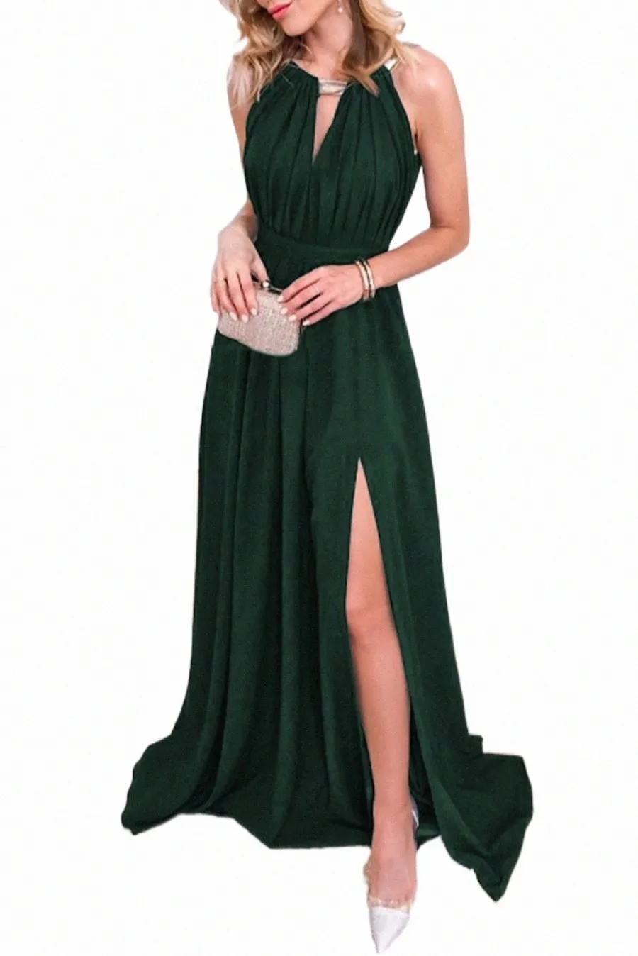 Groene glitter trim Cutout Strapless Slit Party Dress T4HW#