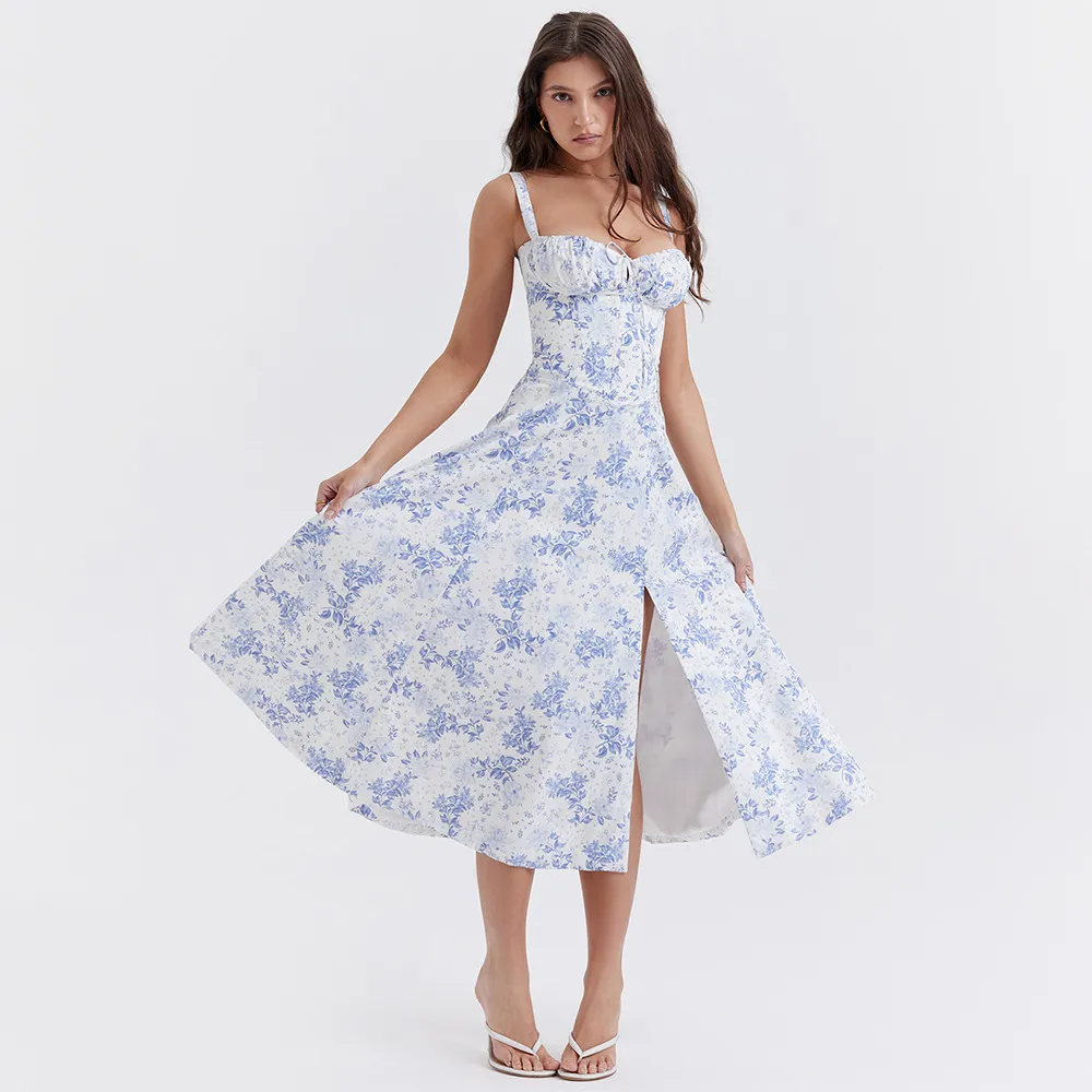 Floral Print Reformation Corset Top Midi Dress With Split Skirt, Bow ...