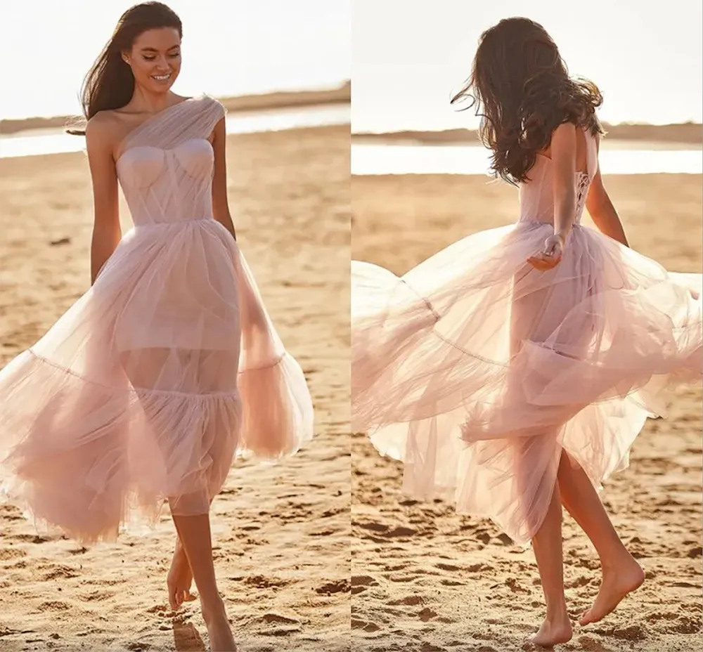 Élégant Une Épaule Sans Manches Soirée Robe De Bal Tulle Corset Maxi Fashions Tenues Thé-Longueur Robe De Soirée De Retour Vestidos De Fiesta Robe Soirée