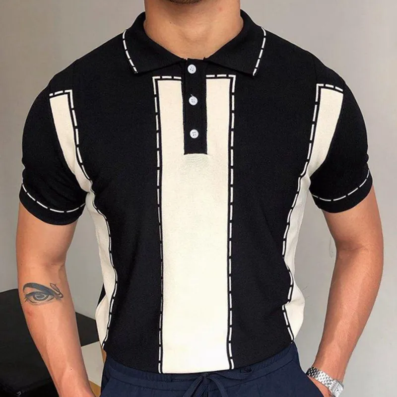 Herren Polos Fashion baju jalanan pria perca Vintage warna kontras kemeja Polo lässig longgar lengan pendek kerah kancing Pullover 230517