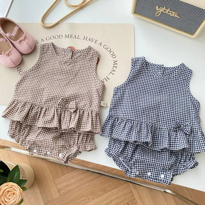 Clothing Sets Girl Fashion Plaid Lace Hem Sleeveless T-shirt Baby Kids Girls Vest Tops Loose Bread Shorts Infant Summer Thin Boutique Suit