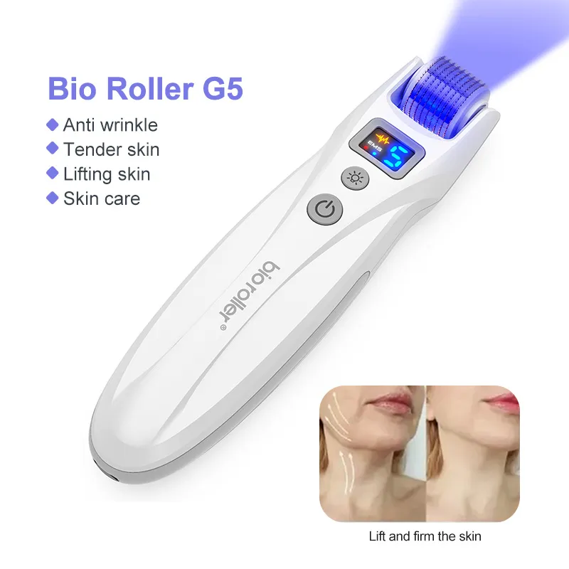 5 in 1 전기 바이오 롤러 G5 LED 블루 붉은 빛 EMS 마이크로 전류 진동 리프트 피부 회춘 Derma 롤러 마사지 여드름 미백 마이크로 바늘 제거