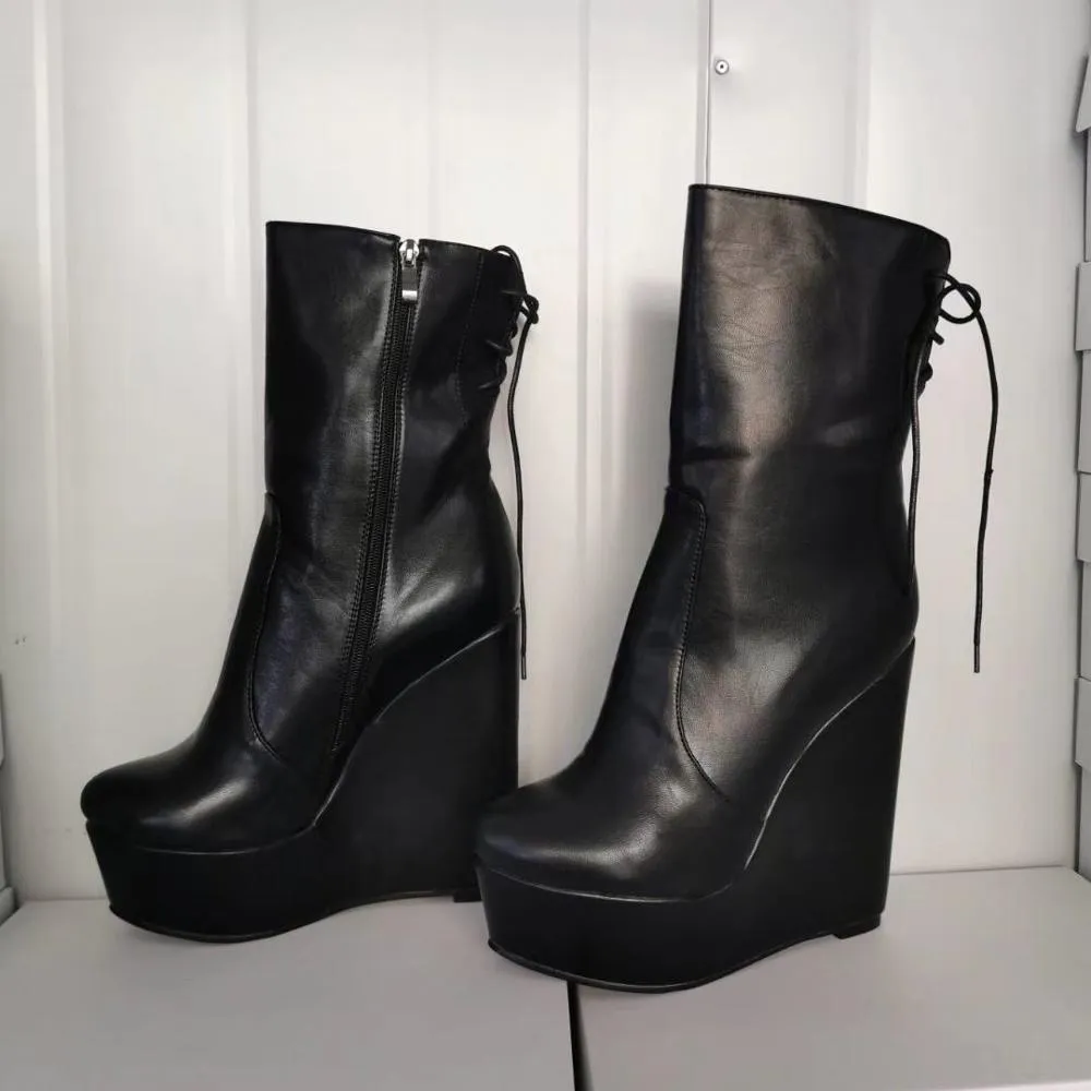 Olomm Handmade Women Winter Platform Ankle Boots Wedges High Heels