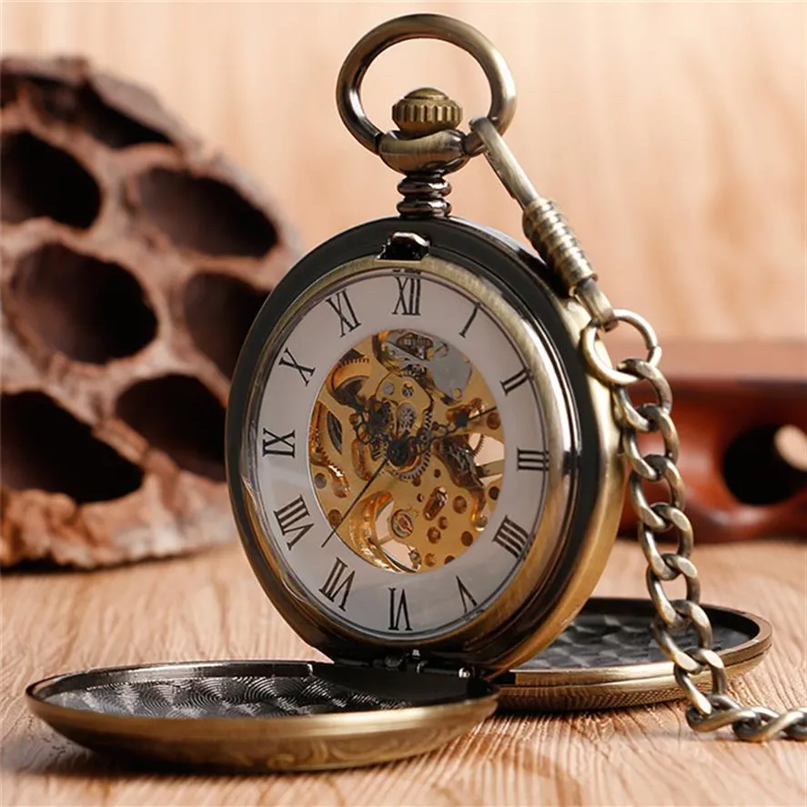 Luxury Silver Bronze Golden Pocket Watch Vintage Skeleton Hand Winding Mechanical Watches Double Hunter Case FOB Pendant Chain220P