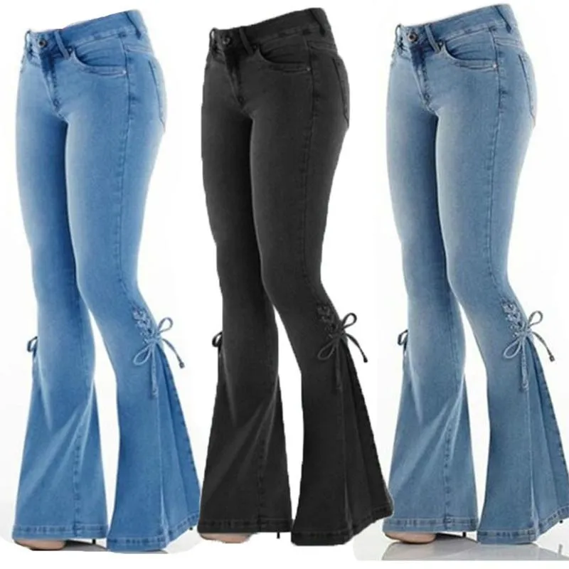 Jeans Fashion High Waist Flared Jeans Women Bow Boot Cut Casual Lady Lace Up Trousers Cowgirl Vintage Blue Bell Bottom Denim Pants emo