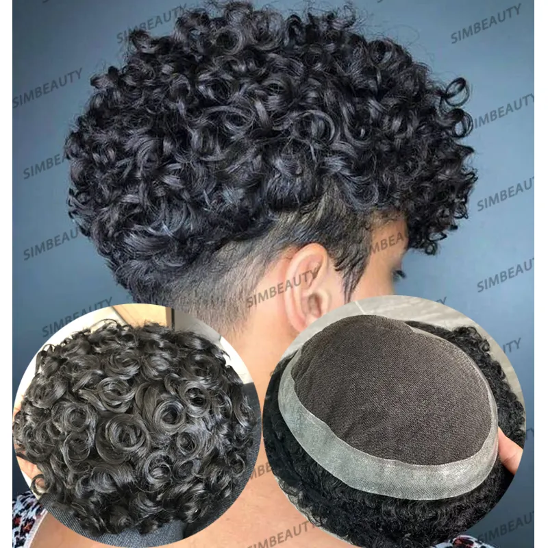 Hot 24mm Curly Men Toupee Durable 100% Human Hair Many Wigs Protes Australisk spets med PU runt bas Löst lockigt naturligt hårfäste