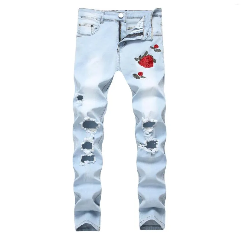 Jeans masculinos masculinos bordados rosa buraco claro calça esticada azul claro para homens