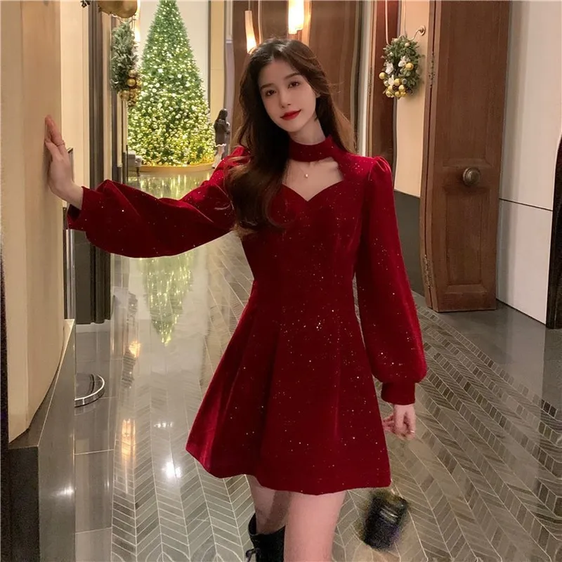Red Velvet Sequin Mini the dress - Elegant Party Wram