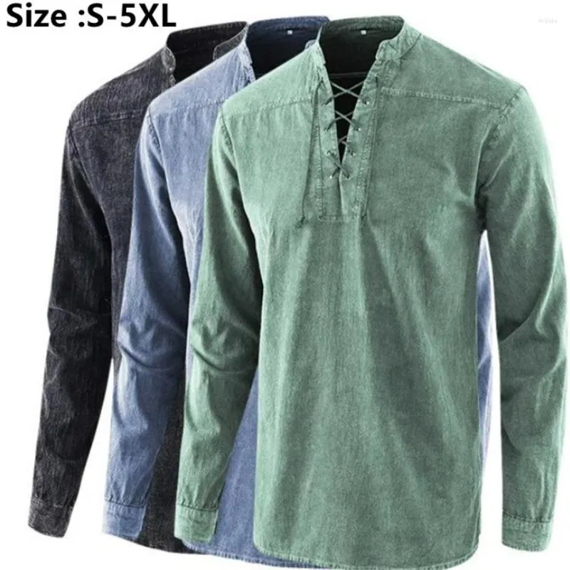 T-shirts pour hommes grande taille 4XL 5XL T-shirt décontracté à manches longues pour hommes rétro solide T-shirt médiéval à lacets col en V lâche chemise douce pour hommes