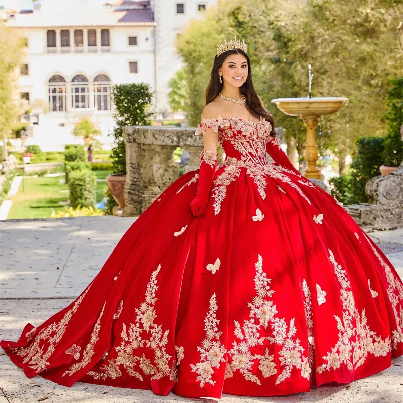 Rote Ballkleider Quinceanera-Kleider mit Perlenstickerei aus der Schulter, Applikationen, Schleife mit Cape, herzförmiger Spitze, Party, Prinzessin, Vestidos de Fiesta