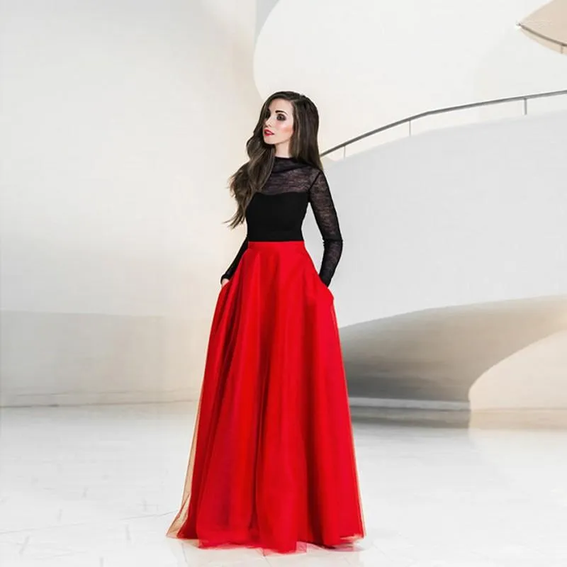 Jupes Élégant Maxi Jupe En Tulle Avec Poches Taille Haute Longue Rouge Femmes Tutu Formelle Prom Party Drapé