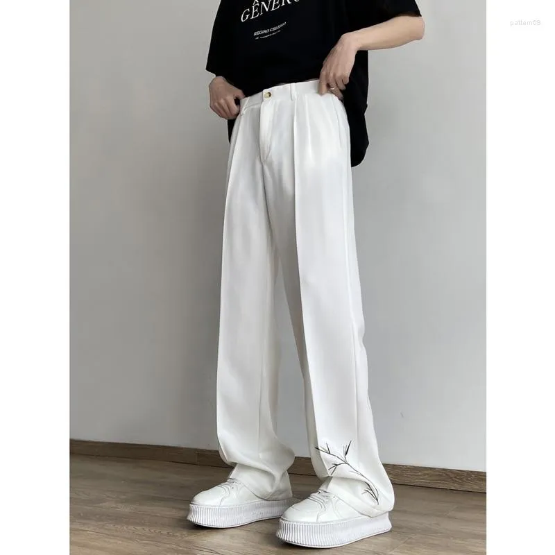 Men's Pants Summer Embroidered Men Fashion White Black Casual Korean Loose Straight Ice Silk Mens Trousers M-2XL