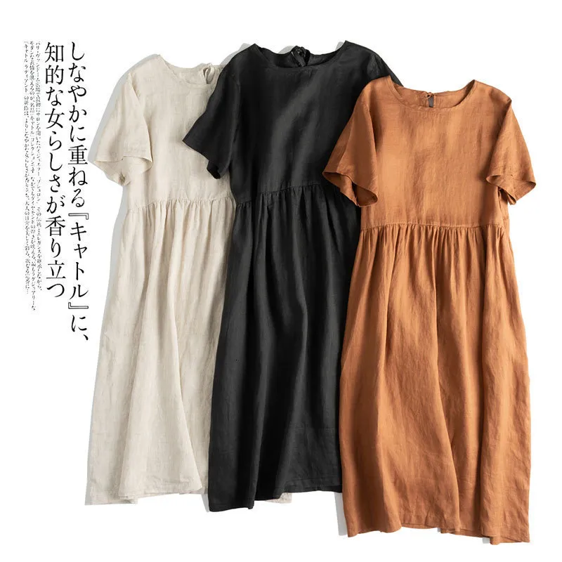 Basic Casual Dresses Summer Cotton Linen Women Dresses Vintage Short Sleeve Casual Loose Back Bandage Harajuku Party Club Dress With Pockets 230517