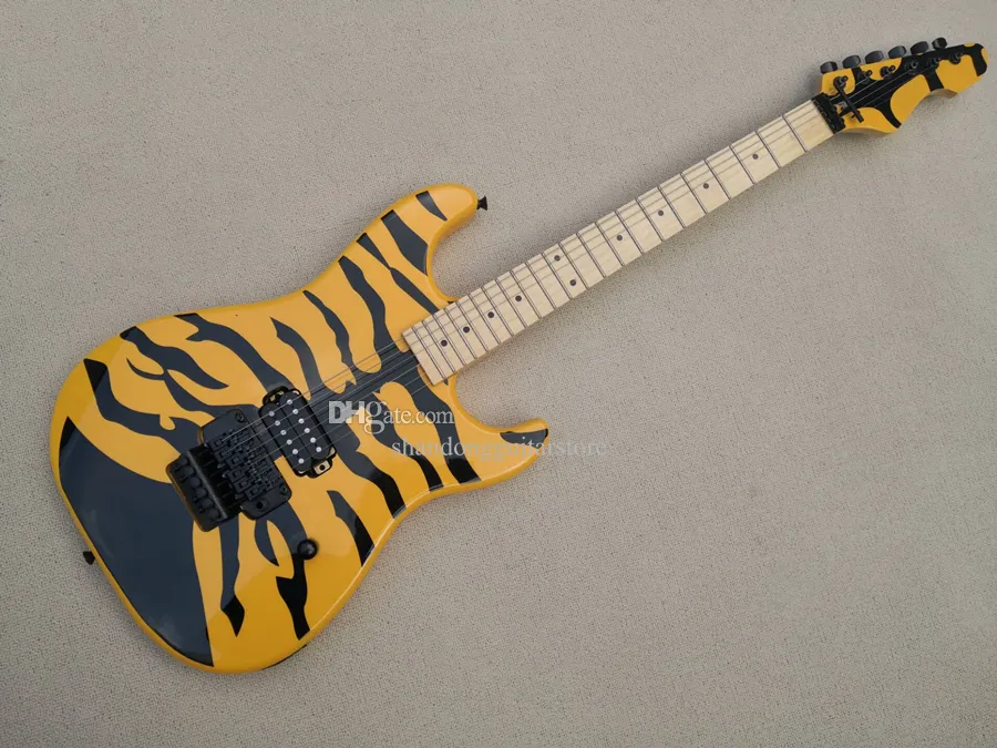 Guitarra elétrica amarela OEM de fábrica com hardware preto, ofereça logotipo/cor personalizada