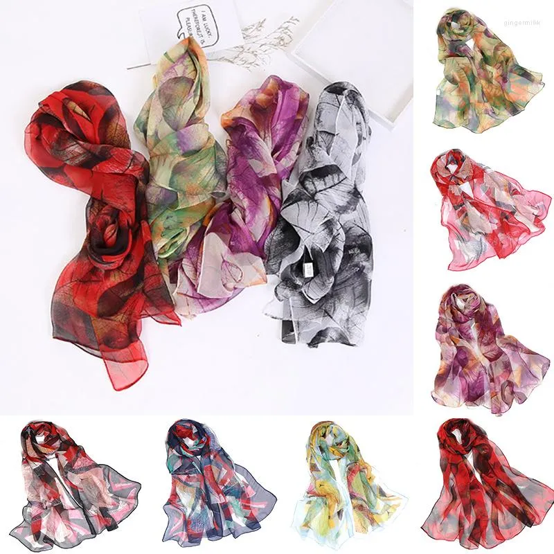 Foulards Élégant Mince Doux Feuille D'arbre Imprimer Crème Solaire Long Châle Plage Voyage En Mousseline De Soie Georgette Foulard En Soie Musulman Hijabs Bandana