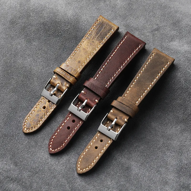 Watch Bands Handmade First Layer Calfskin Leather watchband 18 20 21 22MM Vintage Brushed Leather Bracelet Men's Antique Watches Bracelet 230518