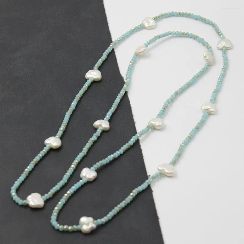 Choker guaiguai biżuteria biały motyl Keshi Pearl Blue Crystal długi naszyjnik łańcuch sweter ręcznie robiony dla kobiet