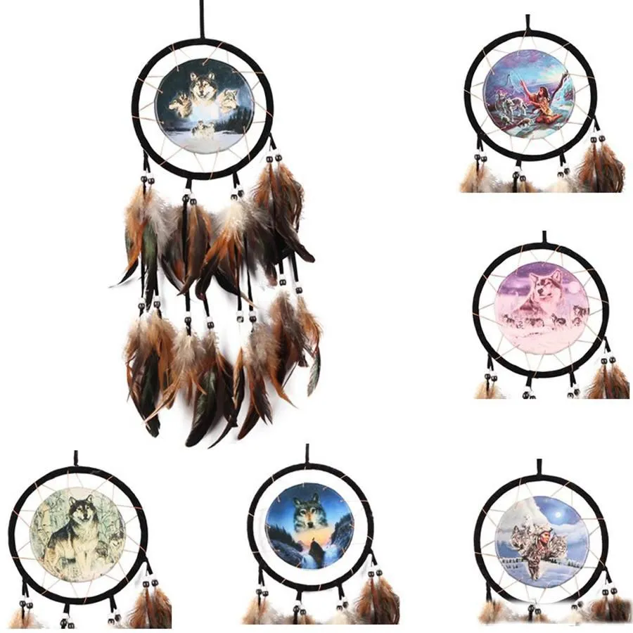 Vintage Handmade Dreamcatcher Oil Painting Totem Wolf Dream Catcher with Feather Wind Chime Car Wall Hanging Home Decor Ornament