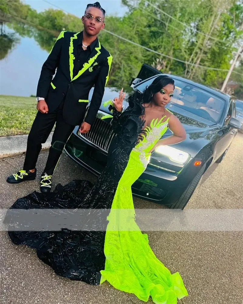 2023 Black Mermaid Neon Green Prom Dress With Green Sequin Embellishments One Shoulder Ruffles And Formal Party Gown For Black Girls Robes De Soiree From Queenshoebox 135.78 DHgate.Com