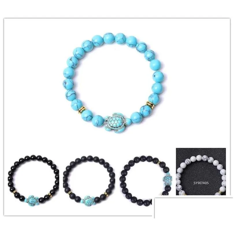 Perlé Style D'été Tortue Charmes Strand Bracelets Classique 8Mm Turquoise Pierre Élastique Bracelet D'amitié Plage Pour Les Femmes Dhgarden Dhl5U