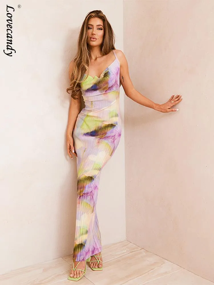 Urban Sexy Dresses Eleagnt gaun Maxi kamisol bercetak ikat celup untuk wanita Luaran punggung terbuka selempang musim panas 2023 230517