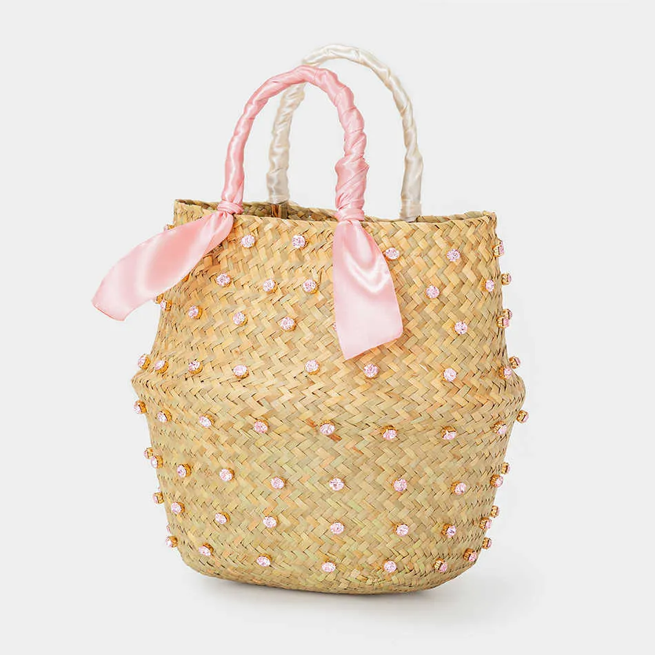 Totes Runde Natur Stroh Kristall Eimer Taschen für Frauen Sommer Handgemachte Große Strand Rattan Gewebte Korb Tasche Urlaub Hohe Qualität 230509