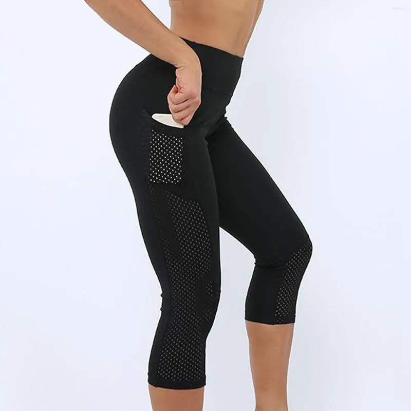 Pantalon actif 3/4 maille Yoga femmes mollet longueur Capri pantalon Sport Leggings Fitness Gym taille haute entraînement Leggins # T1P