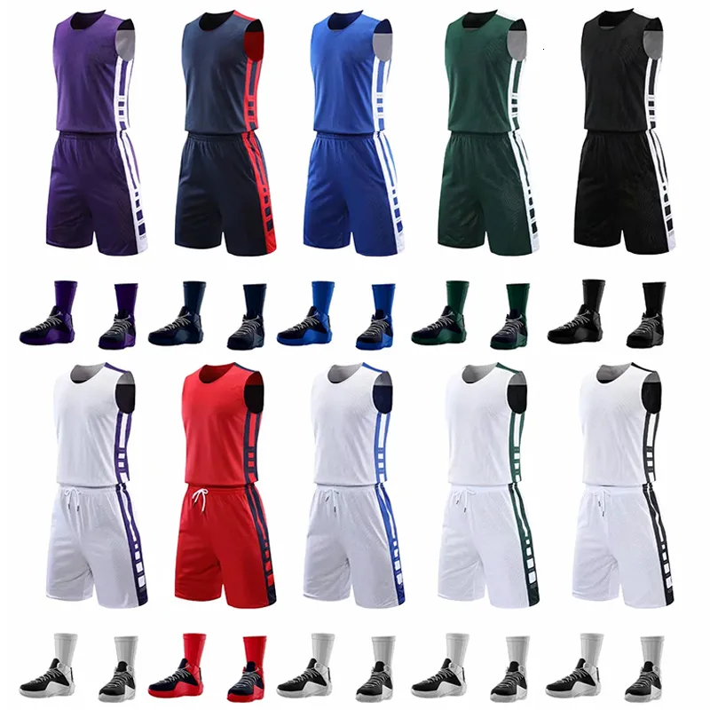 Running Set Sets Men's Double-Sided Basketball Jersey Set Reversed Uniform Men Printed Sports Suit Båda sidor Träningsskjorta Shorts 230518