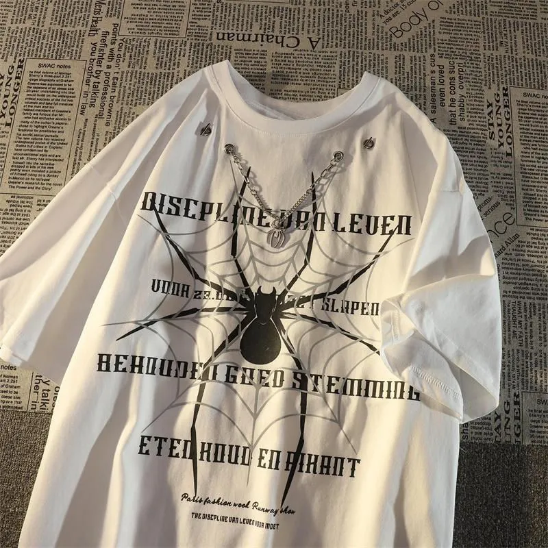Mens Camisetas Europeu e Americano Colar Cool Spider Letter Camiseta Homens Mulheres Ins Verão Solto Camisa de Manga Curta para Amantes Roupas 230518