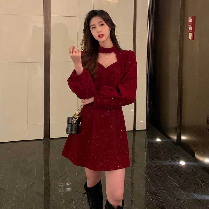 Red Velvet Sequin Mini burgundy dress - Elegant Party Wram Vintage Korean A-line burgundy dress for Women (230518) Red Velvet Sequin Mini burgundy dress - Elegant Party Wram Vintage Korean A-line burgundy dress for Women (230518)