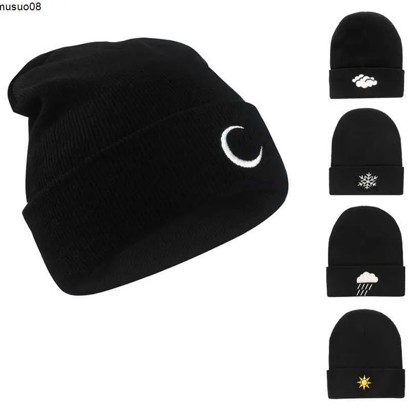 Beanie/Skull Caps Winter Hip Hop Hat Sticked Hat Creative Beanies Weather Brodery Knit Skallies Caps Sun Moon Snowflake Moln Korean Black Hats J230518