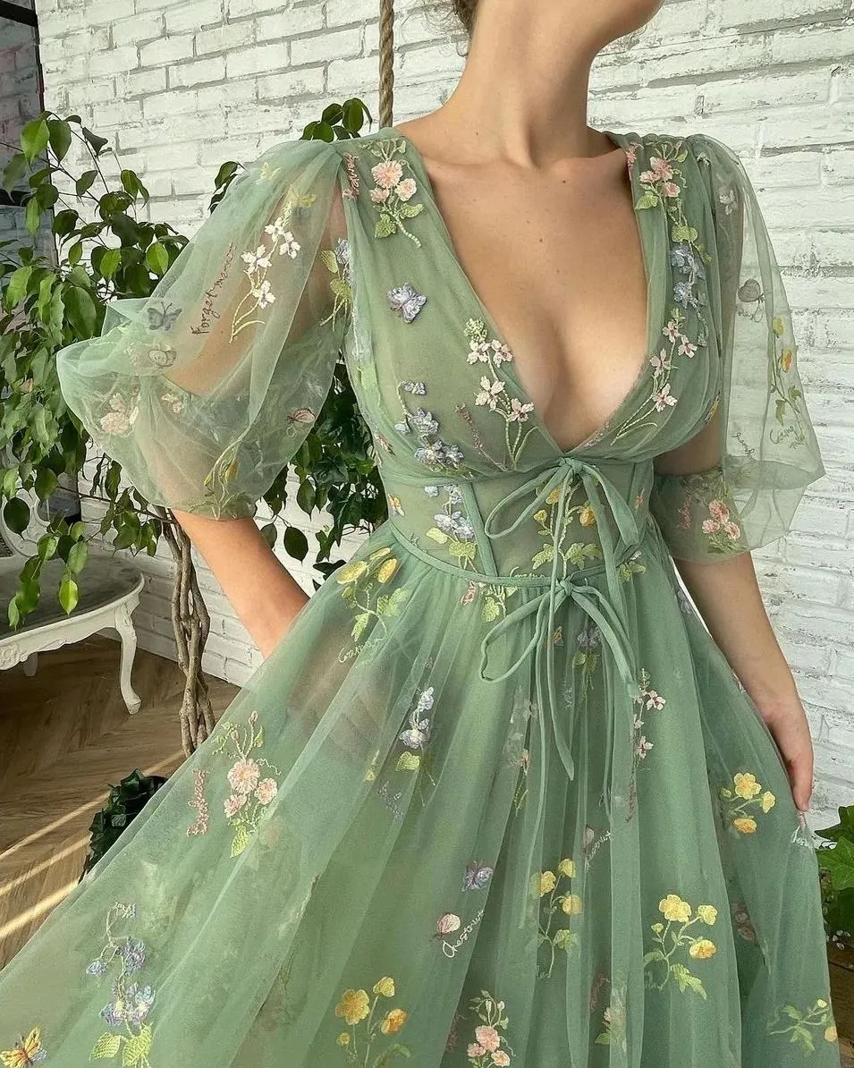 Green floral formal dress hotsell