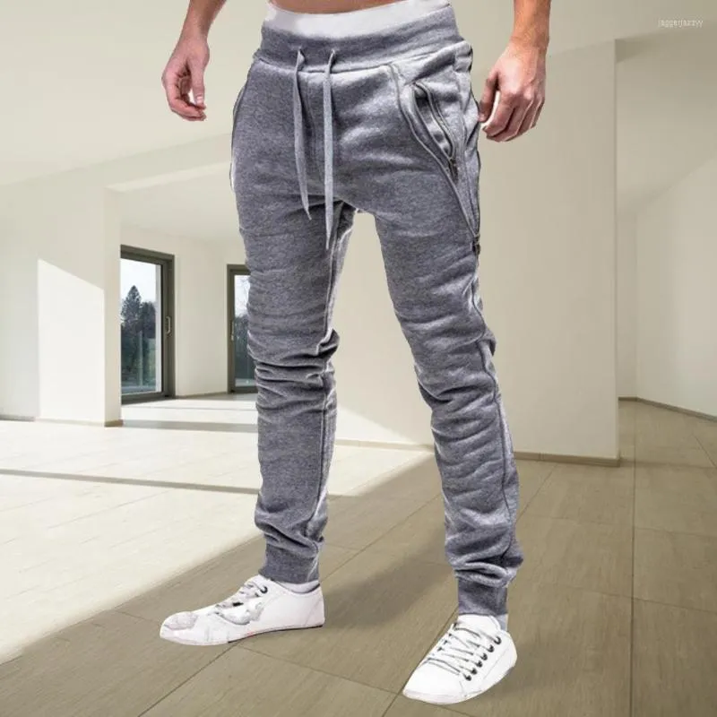 Herrbyxor Herrstångs blixtlåsfickor Ankel bundna Sweatpants Sportbyxor Skinny Casual Slim High midje Baggy