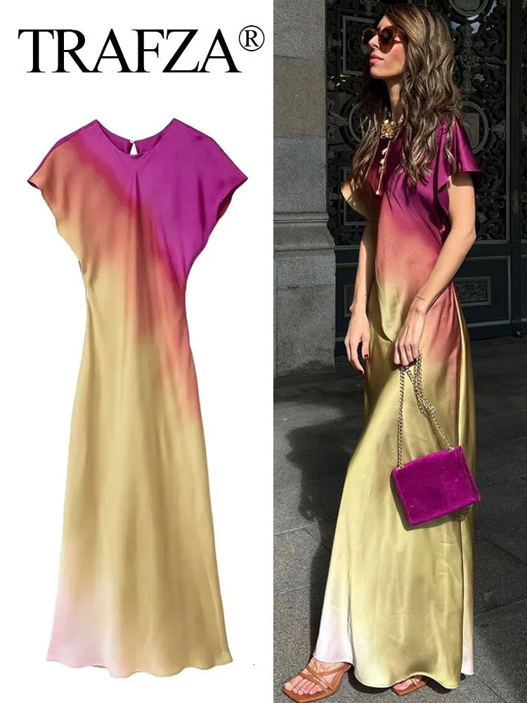 Grundlegende Freizeitkleider TRAFZA Damenmode-Druck-Kurzarmkleid Vintage Tie Dye O-Neck Midi-Kleider Frühlings-weibliches lässiges schickes Satinkleid 230517