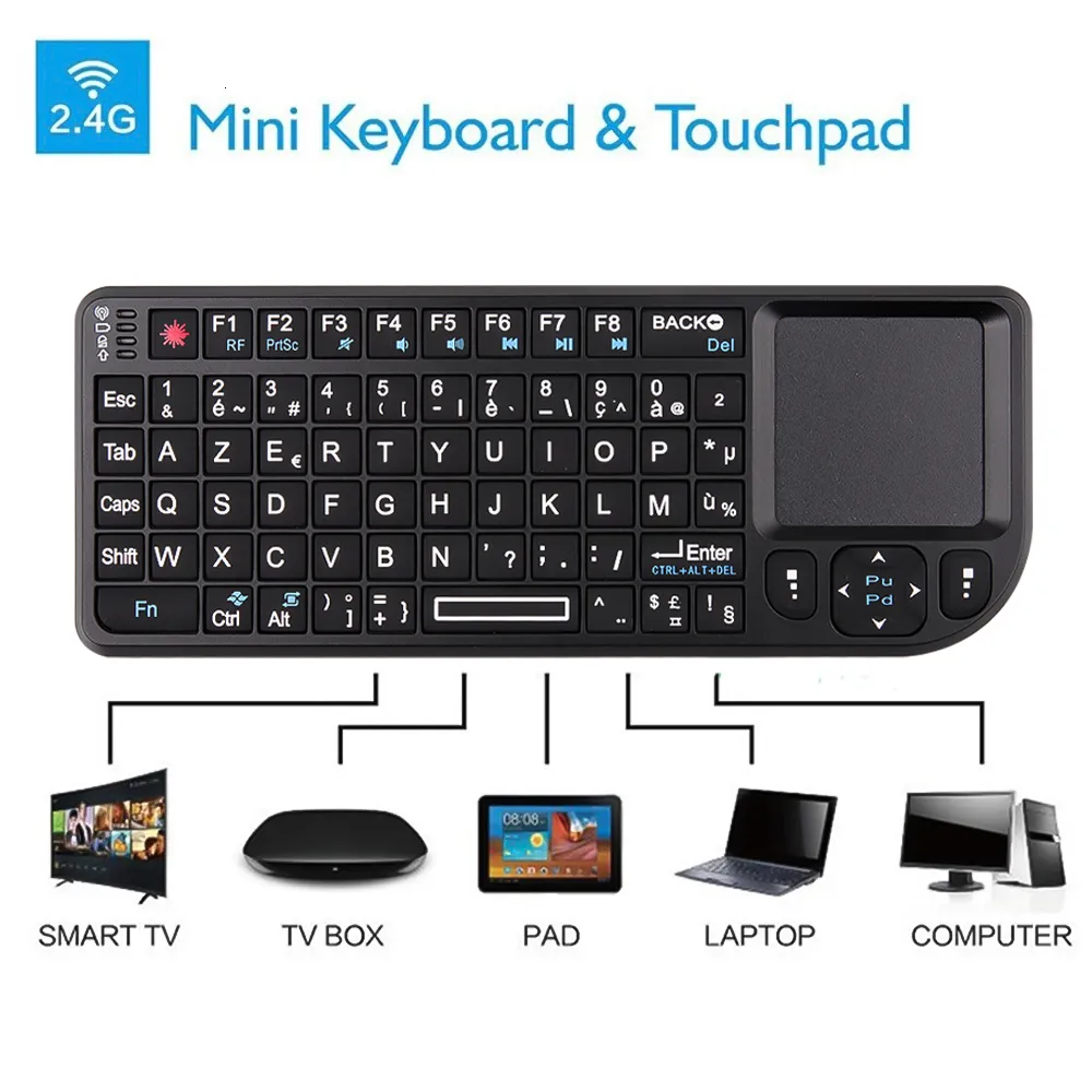 Toetsenboards Mini 2.4G RF Wireless toetsenbord Spaans Frans Russisch Engels Keyboard Backlight Touchpad Mouse voor PC Notebook Smart TV Box 230518