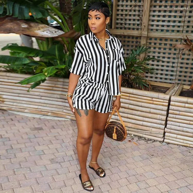 Y2K Streetwear Womens Striped Shirt And Shorts Set And Shirt Set Short Sleeve Single Breasted Casual Loose Outfit From Cnlongbida 18.34 DHgate.Com