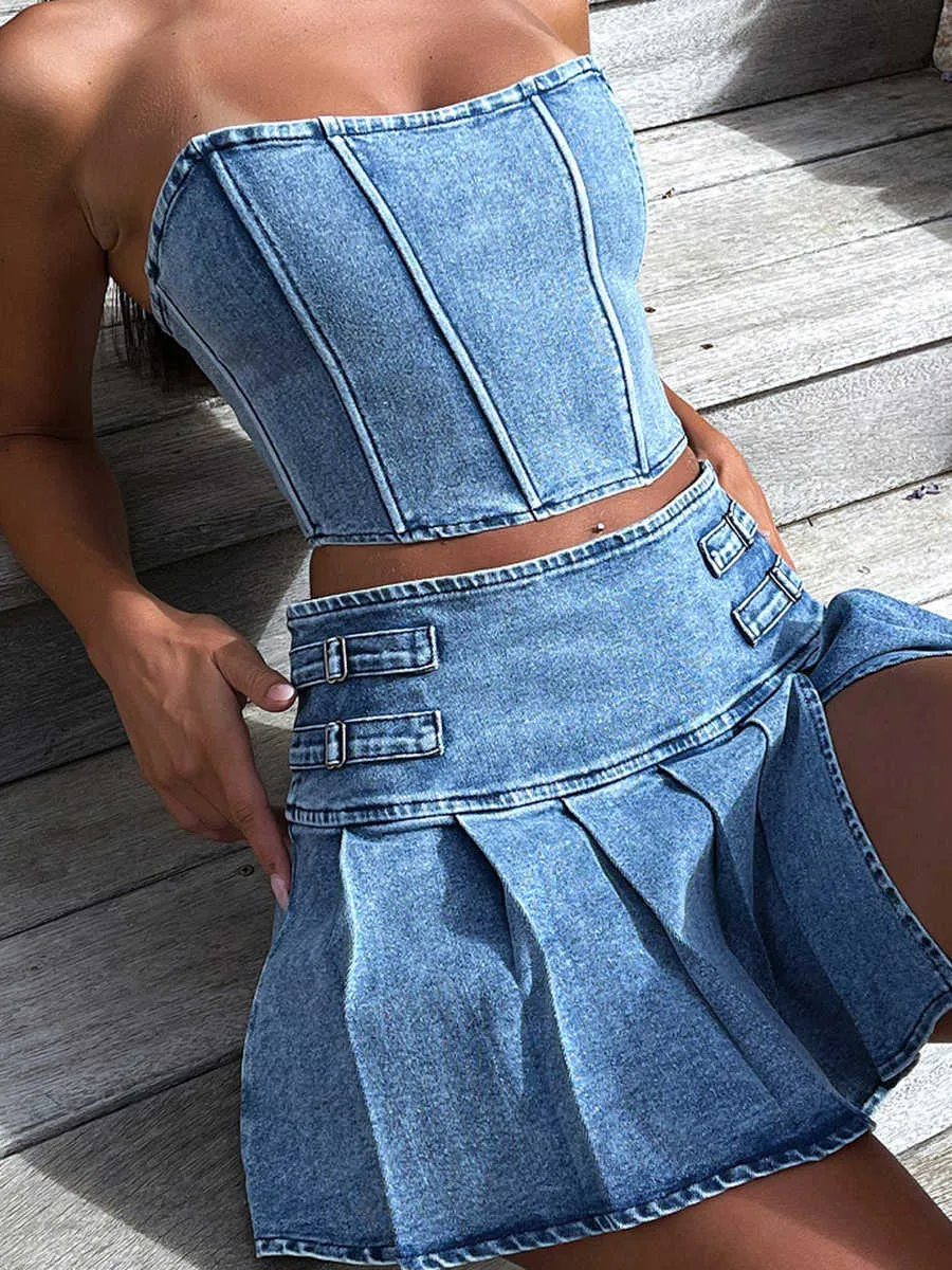 Dwuczęściowa sukienka WSEVYPO RETRO Blue Denim Dwuczęściowe garnitury spódnicy Summer Off-Shoter Bandeau Corset Crop Tops+Mini plisowane spódnice z wysokiej talii P230517