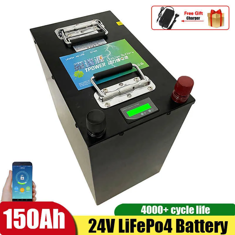 24V LIFEPO4 Batteri 150AH Inbyggd BMS Litiumjärnfosfatcell 4000 cykler för golfvagn Solar med 10A-laddare
