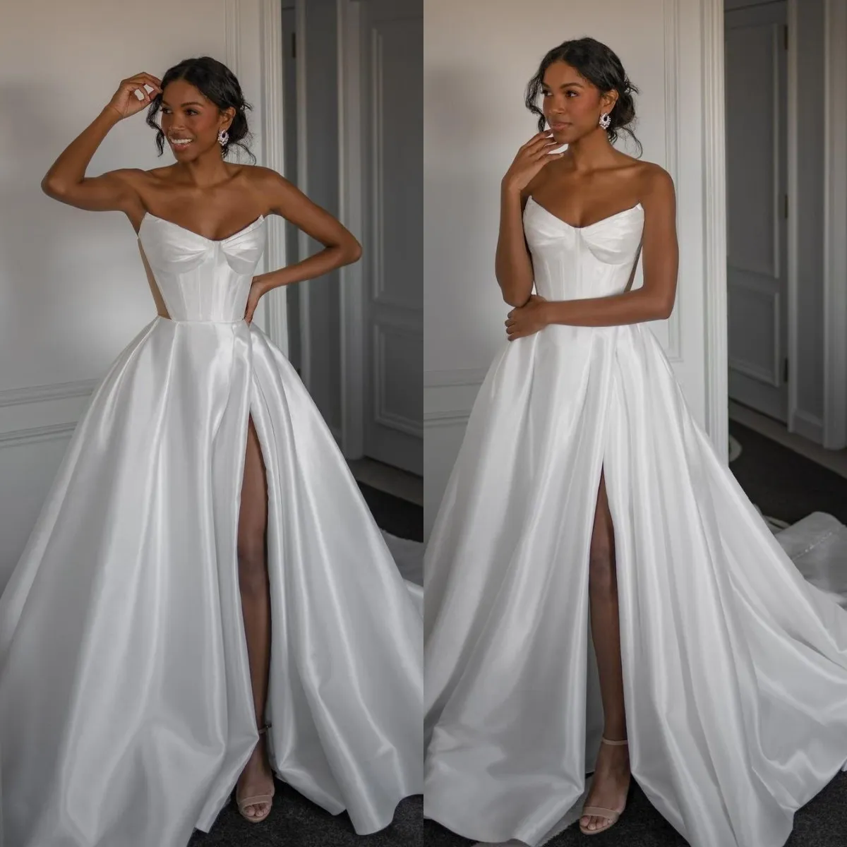 Sexy een lijn jurk strapless dij spleet trouwjurken vestidos de novia bot bodice satin designer bruidsjurken