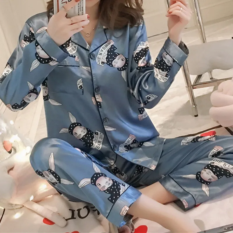 Dames slaapkleding satijn zijden pyjama's ingesteld voor dames pyjama -pak afdrukken met lange mouw casual slaapkleding nachtkleding zachte thuiskleding pjs plus maat 230517